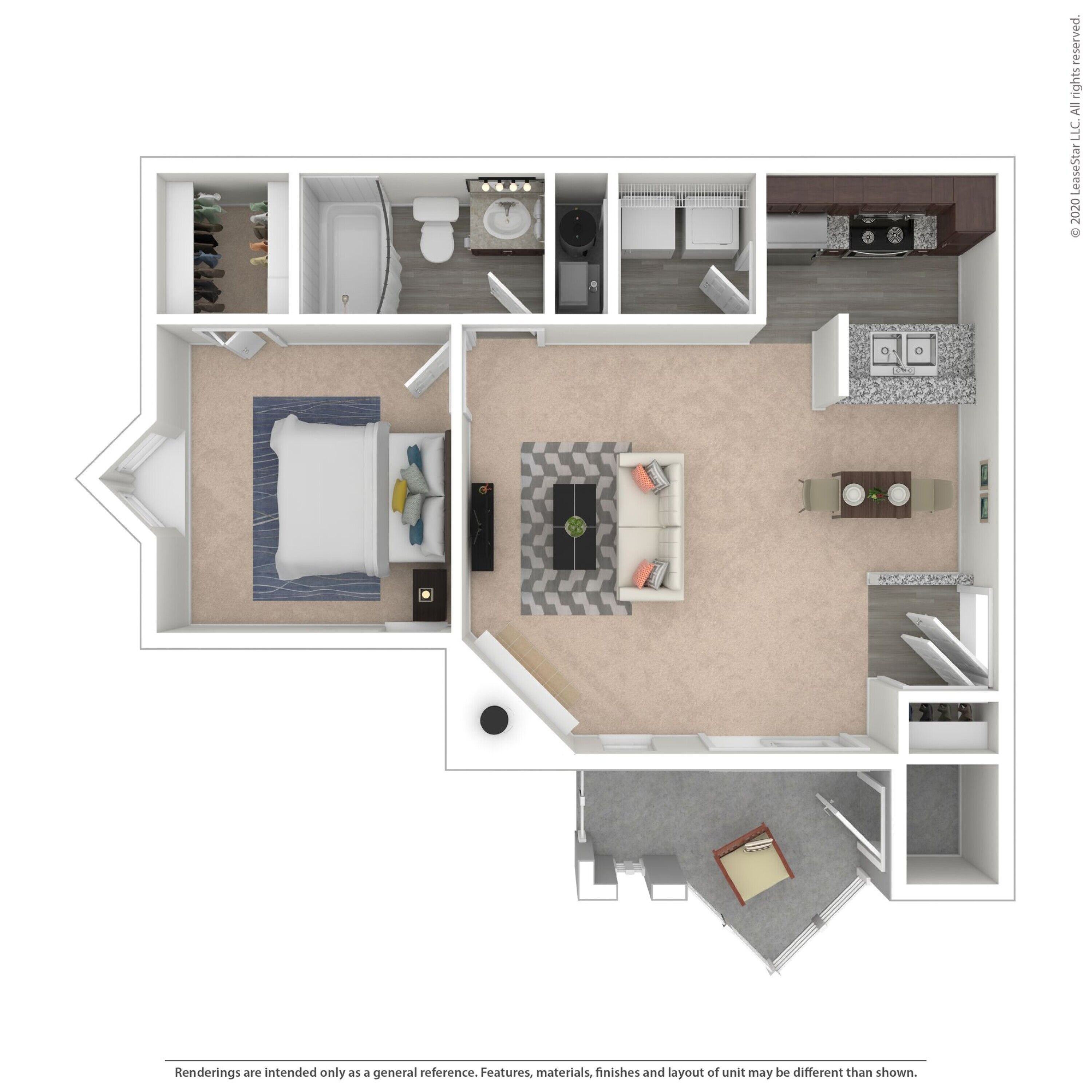 Floor plan for 1 bed, 1 bath, 800 sqft